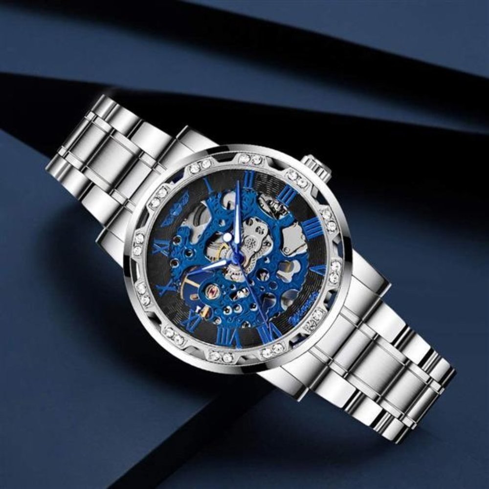 Mens Silver/Blue Diamond  Luminous Luxury Mechanical Watch